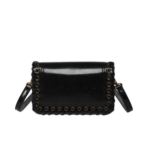 Minimalist black square bag with glossy leather and woven decorative details
