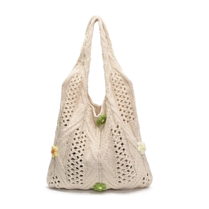 Sac fourre-tout chic en maille crème avec fleurs au crochet 3D et tissage ajouré