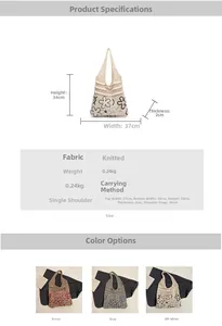 Detailed view of knitted tote bag with floral patterns and specific dimensions table