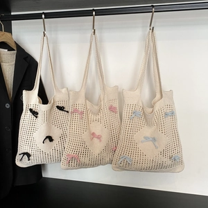 Sac Fourre-Tout En Tricot Ajouré Douce Main Crochet Noeud Papillon Sac À Épaule Décontracté Grande Capacité Femmes