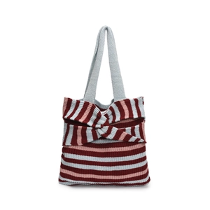 Knitted tote bag with contrast horizontal stripes and oversized bow design on front