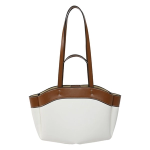 Brown and white color-block tote bag with wide opening and long double shoulder straps