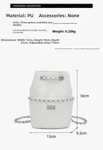 Detail shot of white quilted bucket bag featuring silver chain drawstring and turn-lock