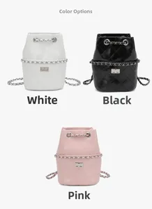 Quilted drawstring bucket bags in white black and pink with chain straps and metal locks