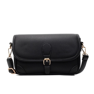 Classic black litchi texture shoulder bag with elegant gold buckle and adjustable strap