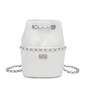 Elegant white drawstring bucket bag with quilted rhombus pattern and silver chain strap