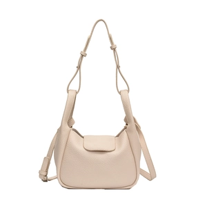 Minimalist beige crossbody bag with top handle and adjustable strap in pebble leather