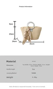 Detailed size chart for large woven tote bag with dimensions and scarf-wrapped handles