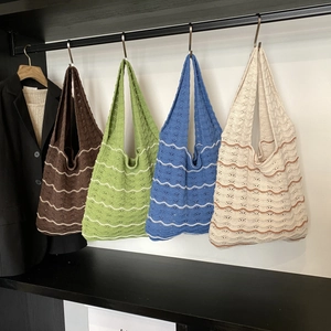 Women Knitted Shoulder Bag Crochet Wave Pattern Hollow Out Large Capacity Slouchy Tote Handbag Fashion Casual