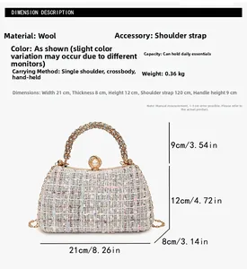 Size chart showing tweed clutch dimensions: 21cm width, 12cm height with chain strap details