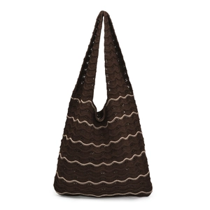 Brown knit shoulder bag with cream wavy stripes and casual bohemian crochet texture