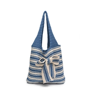 Borsa tote in tessuto a righe blu e bianche con un grande fiocco e trama a maglia