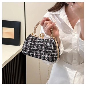 Detail of tweed evening bag with rhinestone handle and pearl clasp against white shirt