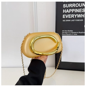 Detail of champagne gold hardshell clutch bag featuring a metallic ring buckle and chain