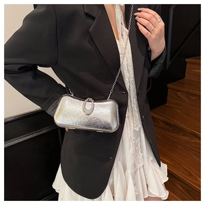 Close-up of silver evening clutch bag with sparkling diamond buckle and metal chain strap