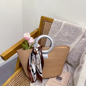 Large capacity woven tote bag with silver round handles and decorative silk scarf