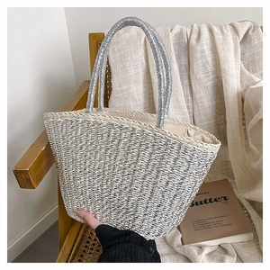 Women Woven Straw Handbag With Silver Handles Large Capacity Shoulder Tote For Summer Vacation Street Style Fashion