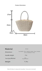 Size chart showing 33cm width woven handbag dimensions for shoulder and handheld use