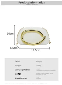 White acrylic evening bag with gold metal handle and dimensions 19.5 x 10 x 6.5 cm