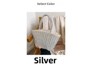 Detail of silver woven tote bag with metallic finish and rounded double handles