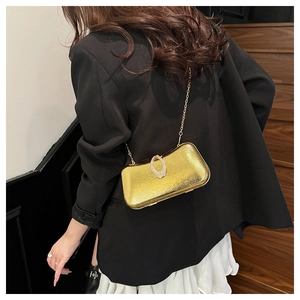 Close-up of gold chain evening bag with a sparkling diamond buckle on black suit