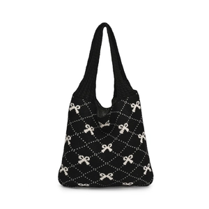 Large knit tote bag in black with white bow patterns and diamond plaid design