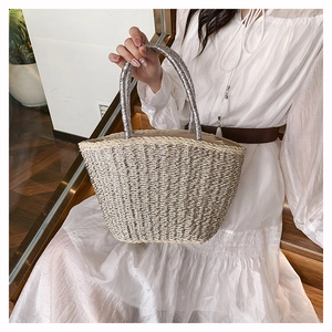 Chic woven straw handbag for women with silver metallic fiber and modern tube handles