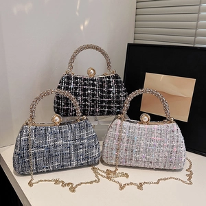 Tweed Evening Bag With Rhinestone Handle And Artificial Pearl Clasp Crossbody Clutch Shoulder Bag For Wedding Party