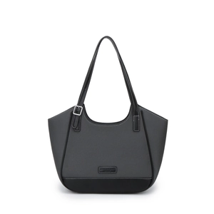 Bolso tote de lona gris oscuro con asas de cuero negro y costuras blancas estilo minimalista