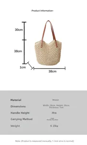 Detailed dimensions of beige straw tote bag with 38cm width and brown leather straps