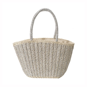 Silver woven straw tote bag with round handles and metallic fiber texture for women