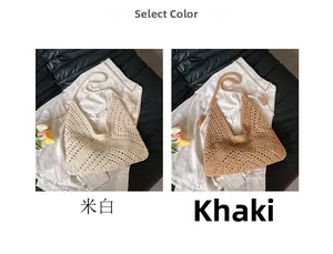 Detail of woven hobo bags in beige and khaki with decorative tassels and hollow patterns