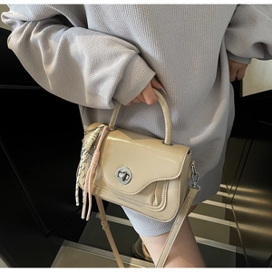 Close-up of minimalist handbag with silver round twist lock and tassel detail