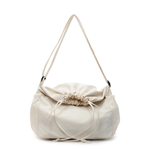Minimalist large capacity cream white canvas drawstring shoulder bag with crossbody strap