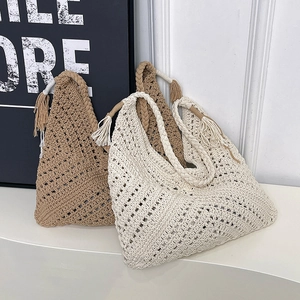 Handmade Woven Shoulder Bag Hollow Crochet Hobo Bag With Tassel Vintage Bohemian Style Casual Tote For Women
