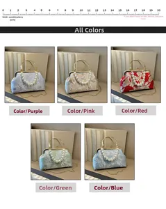 Detail view of colorful embroidered shell evening bags with elegant pearl handles