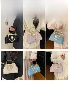Collage of pearl accent shell bags in multiple colors shown on a fashion model