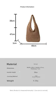 Tableau des tailles détaillé du sac tissé montrant les dimensions 40x47cm et la bandoulière