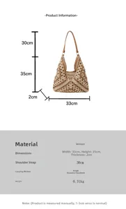 Close-up of woven hobo bag with size specs 33cm width and 35cm height in beige