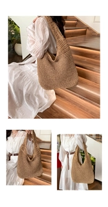 Détail de la texture tressée marron et du crochet artisanal sur un grand sac fourre-tout