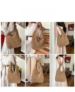 Collage du mannequin portant le grand sac à bandoulière en paille tissée sous divers angles