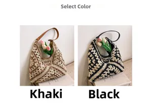 Detail of bohemian hollow knit shoulder bags in khaki and black with floral patterns
