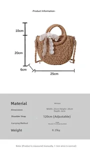 Size chart showing straw handbag dimensions 25x20x6cm with lace details and strap options