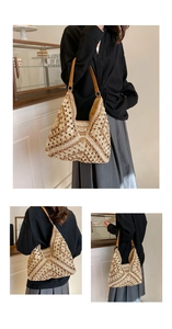 Detail of crochet hollow-out hobo bag with beige and brown woven geometric patterns