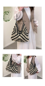 Close-up of hand-woven tote bag showing black and white geometric patterns and texture