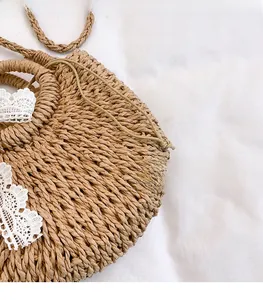 Close-up of woven straw bag detail featuring white floral lace trim on a white background