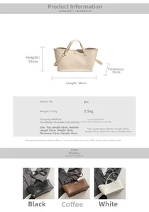 Size guide for PU leather bucket tote bag showing dimensions and crossbody strap detail
