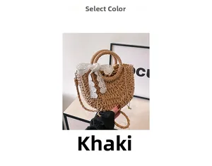 Detailed macro view of khaki straw bag with large white lace bow and round handles