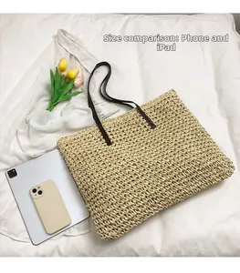 Vue de dessus d'un grand cabas tressé avec iPad et téléphone pour comparer la taille