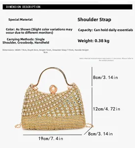 Detailed view of rhinestone evening bag with round metal handle and tassel chain strap